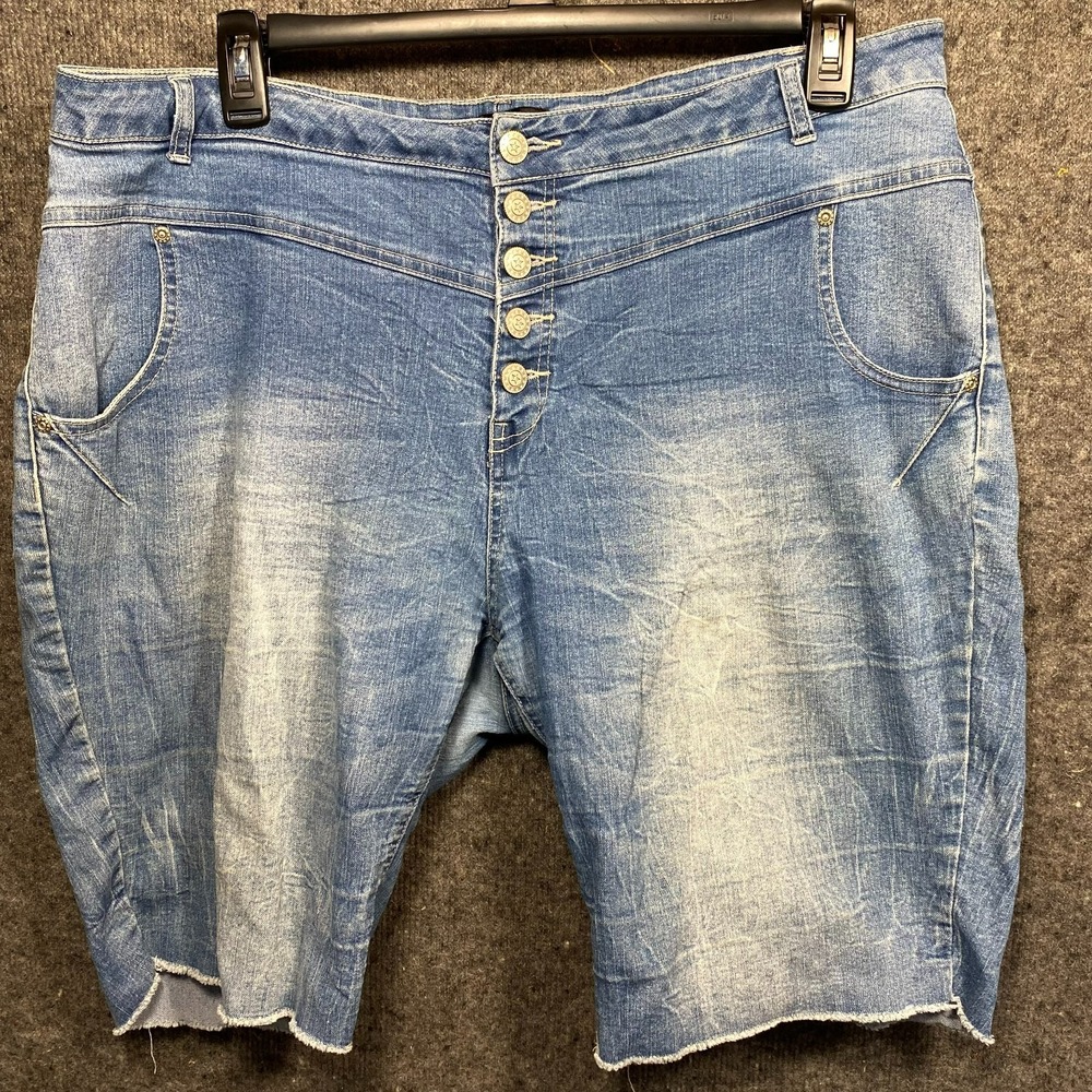 Ellos Women Blue Button Fly Denim Bermuda Shorts Raw Hem Stretch Plus Size 18